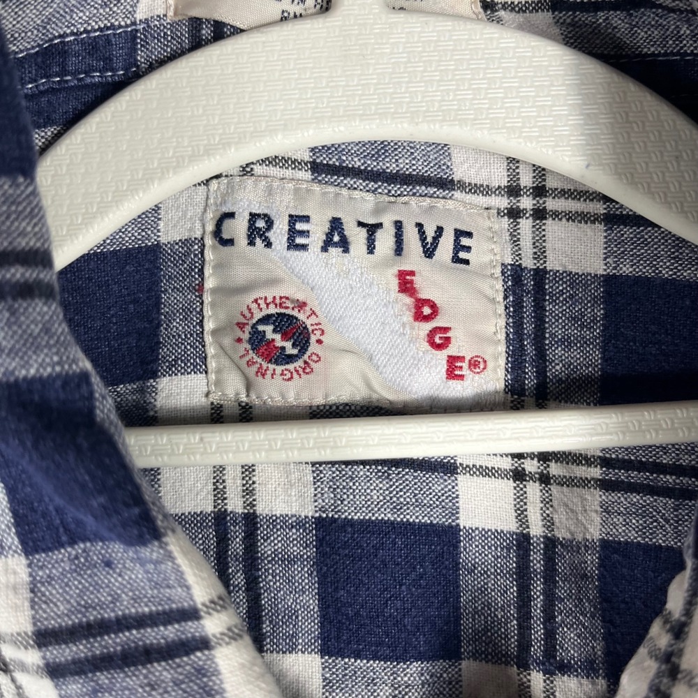 Vintage Creative Edge Button Up Shirt Mens XL Blue White Plaid Linen Cotton - Picture 6 of 8